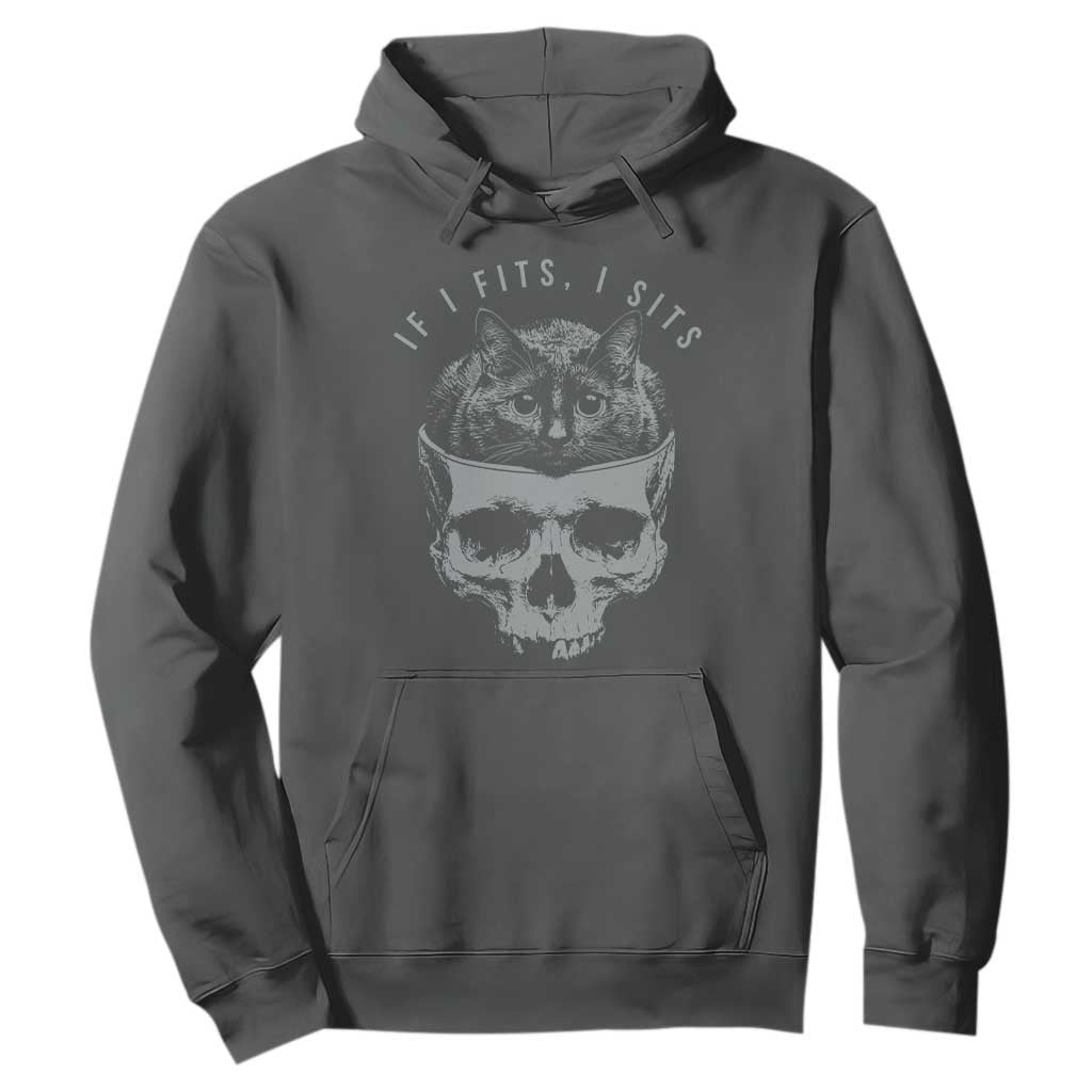 If I Fits I Sits Funny Cat in Skull Hoodie Dark Aesthetic Goth Cat Lover Gift for Macabre and Meme Fans TS02 Dark Heather Print Your Wear