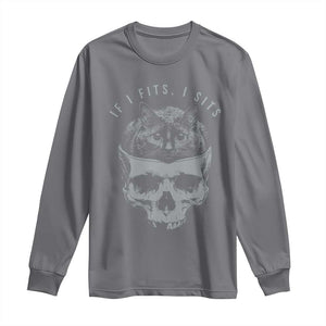 If I Fits I Sits Funny Cat in Skull Long Sleeve Shirt Dark Aesthetic Goth Cat Lover Gift for Macabre and Meme Fans TS02 Charcoal Print Your Wear