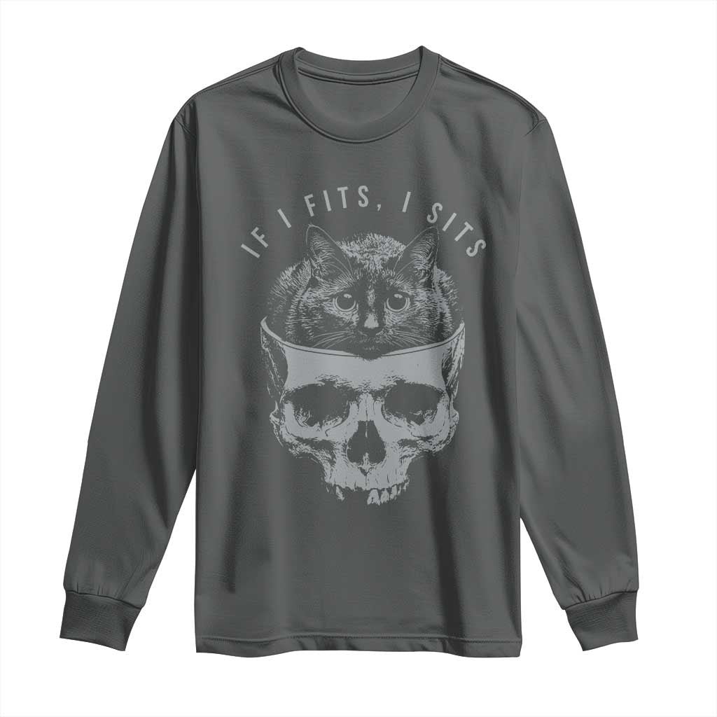 If I Fits I Sits Funny Cat in Skull Long Sleeve Shirt Dark Aesthetic Goth Cat Lover Gift for Macabre and Meme Fans TS02 Dark Heather Print Your Wear