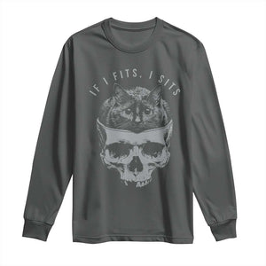 If I Fits I Sits Funny Cat in Skull Long Sleeve Shirt Dark Aesthetic Goth Cat Lover Gift for Macabre and Meme Fans TS02 Dark Heather Print Your Wear
