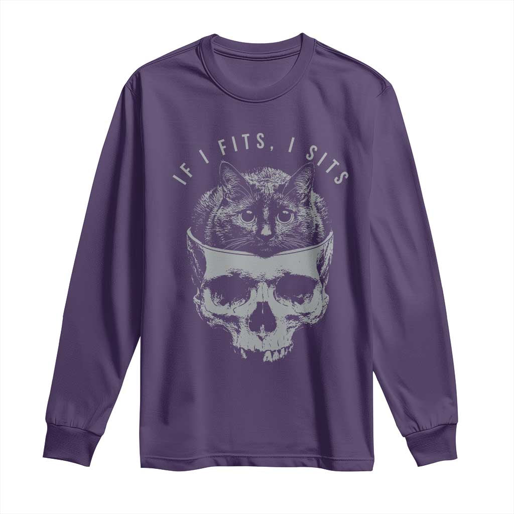 If I Fits I Sits Funny Cat in Skull Long Sleeve Shirt Dark Aesthetic Goth Cat Lover Gift for Macabre and Meme Fans TS02 Purple Print Your Wear