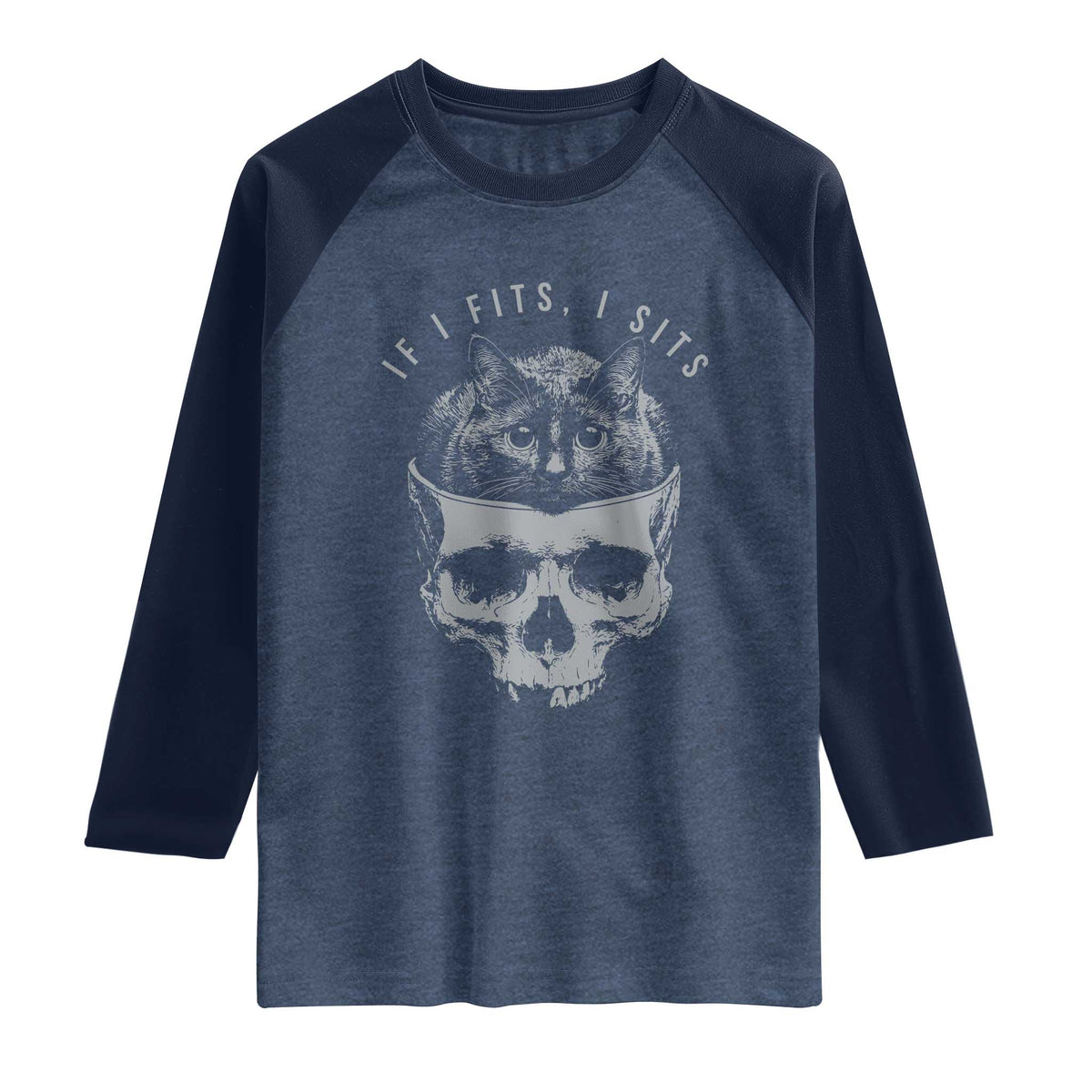 If I Fits I Sits Funny Cat in Skull Raglan Shirt Dark Aesthetic Goth Cat Lover Gift for Macabre and Meme Fans TS02 Heather Denim Navy Print Your Wear