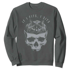 If I Fits I Sits Funny Cat in Skull Sweatshirt Dark Aesthetic Goth Cat Lover Gift for Macabre and Meme Fans TS02 Dark Heather Print Your Wear