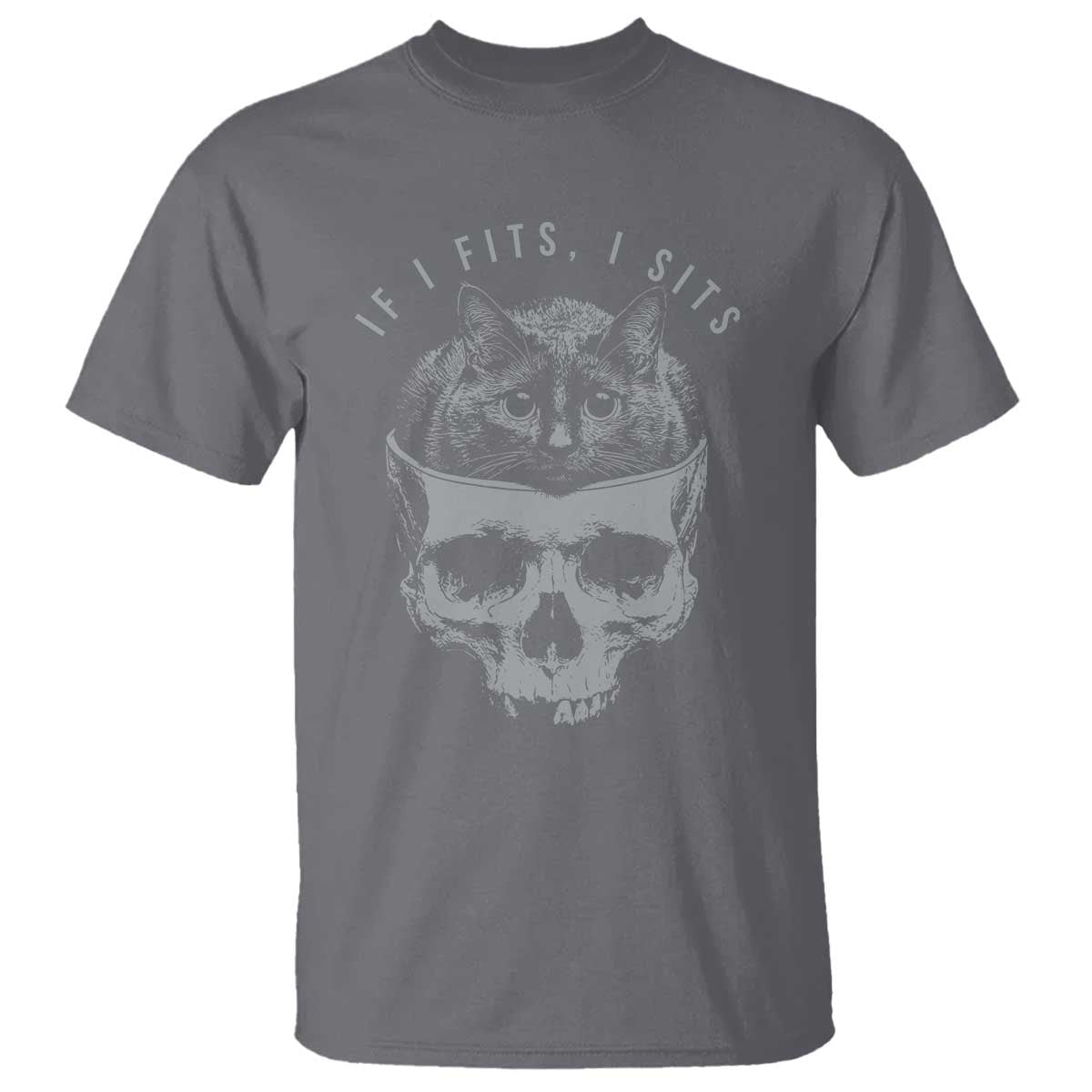 If I Fits I Sits Funny Cat in Skull T Shirt - Dark Aesthetic Goth Cat Lover Gift for Macabre and Meme Fans TS02 Charcoal Print Your Wear