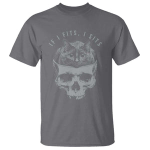 If I Fits I Sits Funny Cat in Skull T Shirt - Dark Aesthetic Goth Cat Lover Gift for Macabre and Meme Fans TS02 Charcoal Print Your Wear
