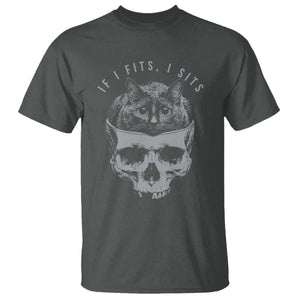 If I Fits I Sits Funny Cat in Skull T Shirt - Dark Aesthetic Goth Cat Lover Gift for Macabre and Meme Fans TS02 Dark Heather Print Your Wear