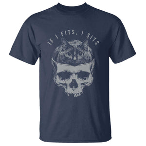 If I Fits I Sits Funny Cat in Skull T Shirt - Dark Aesthetic Goth Cat Lover Gift for Macabre and Meme Fans TS02 Navy Print Your Wear
