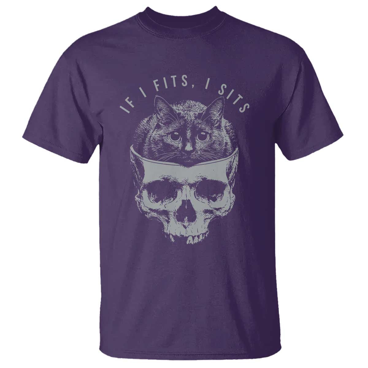 If I Fits I Sits Funny Cat in Skull T Shirt - Dark Aesthetic Goth Cat Lover Gift for Macabre and Meme Fans TS02 Purple Print Your Wear