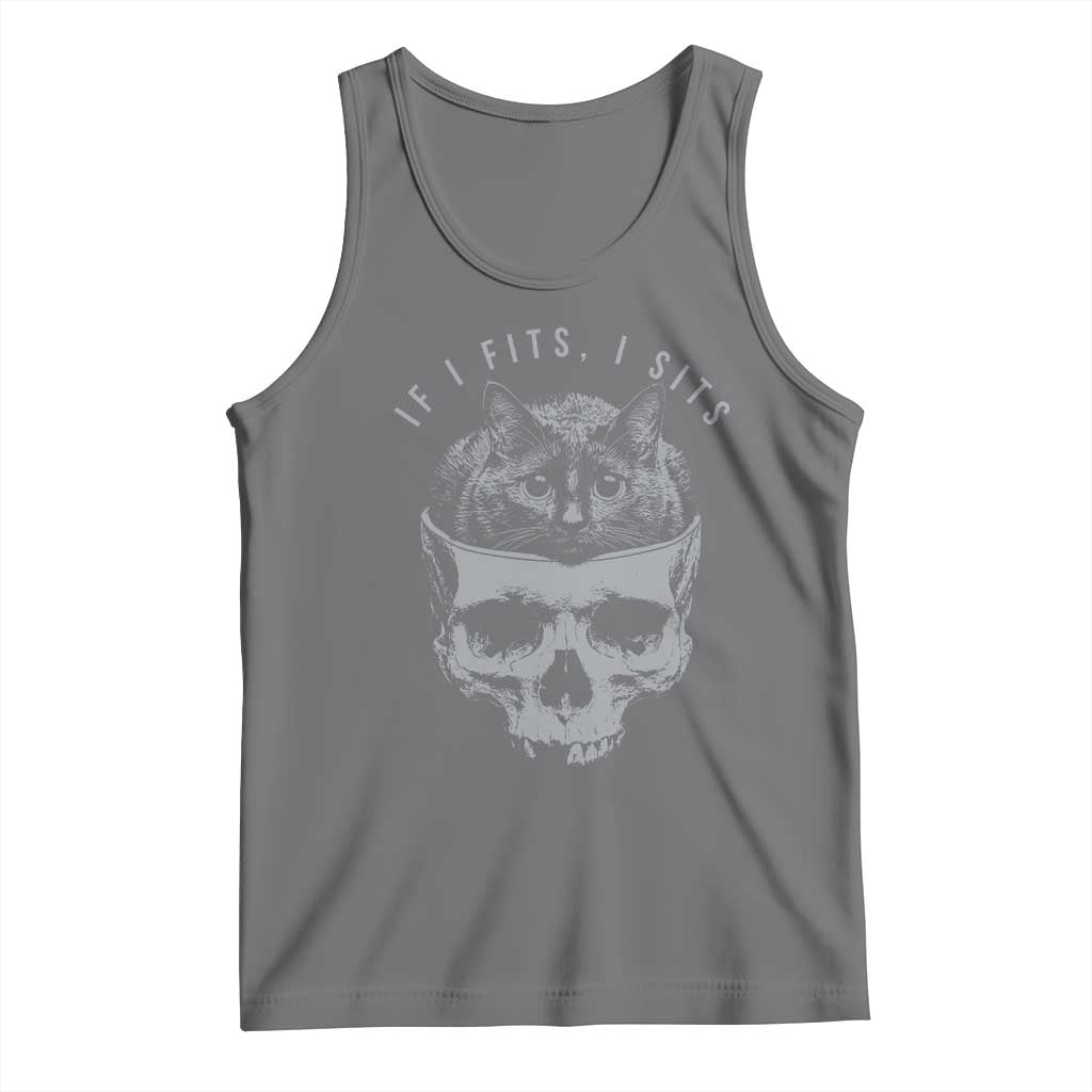 If I Fits I Sits Funny Cat in Skull Tank Top Dark Aesthetic Goth Cat Lover Gift for Macabre and Meme Fans TS02 Black Heather Print Your Wear