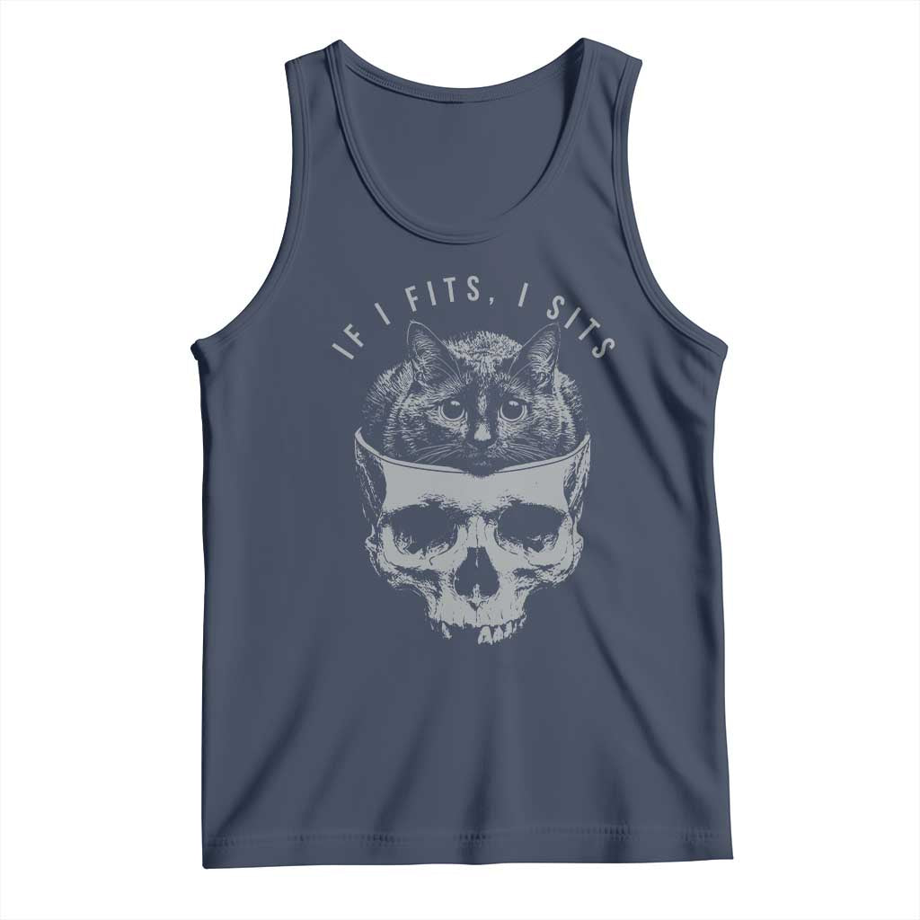 If I Fits I Sits Funny Cat in Skull Tank Top Dark Aesthetic Goth Cat Lover Gift for Macabre and Meme Fans TS02 Navy Print Your Wear