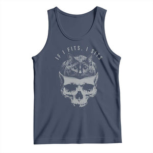 If I Fits I Sits Funny Cat in Skull Tank Top Dark Aesthetic Goth Cat Lover Gift for Macabre and Meme Fans TS02 Navy Print Your Wear