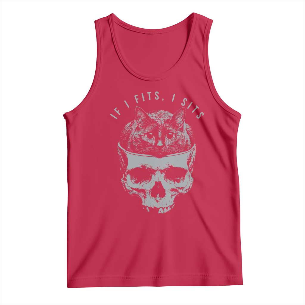 If I Fits I Sits Funny Cat in Skull Tank Top Dark Aesthetic Goth Cat Lover Gift for Macabre and Meme Fans TS02 Red Print Your Wear