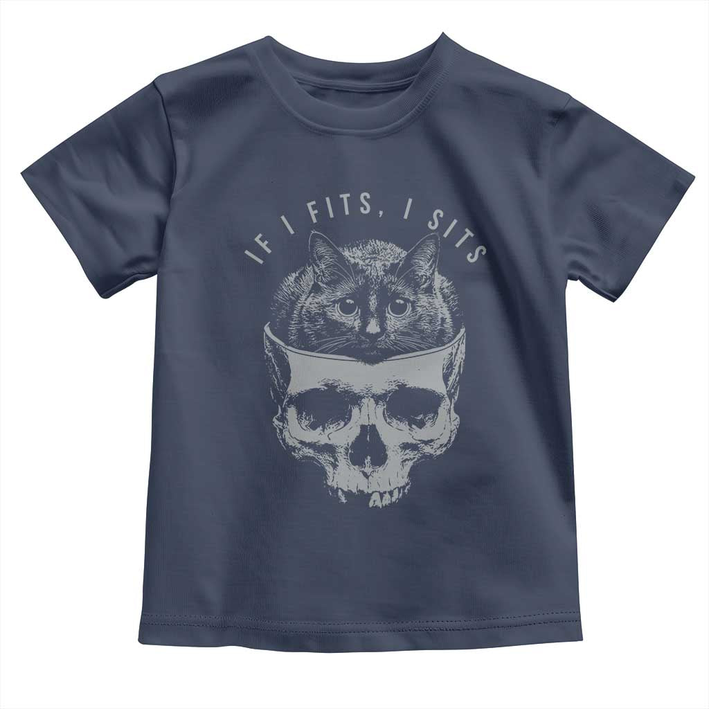 If I Fits I Sits Funny Cat in Skull Toddler T Shirt Dark Aesthetic Goth Cat Lover Gift for Macabre and Meme Fans TS02 Navy Print Your Wear