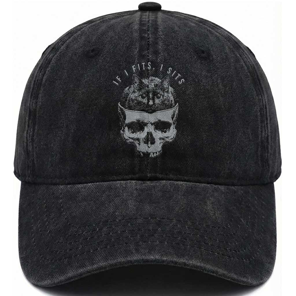 If I Fits I Sits Funny Cat in Skull Washed Cotton Baseball Cap Dark Aesthetic Goth Cat Lover Gift for Macabre and Meme Fans TS02 Print Your Wear