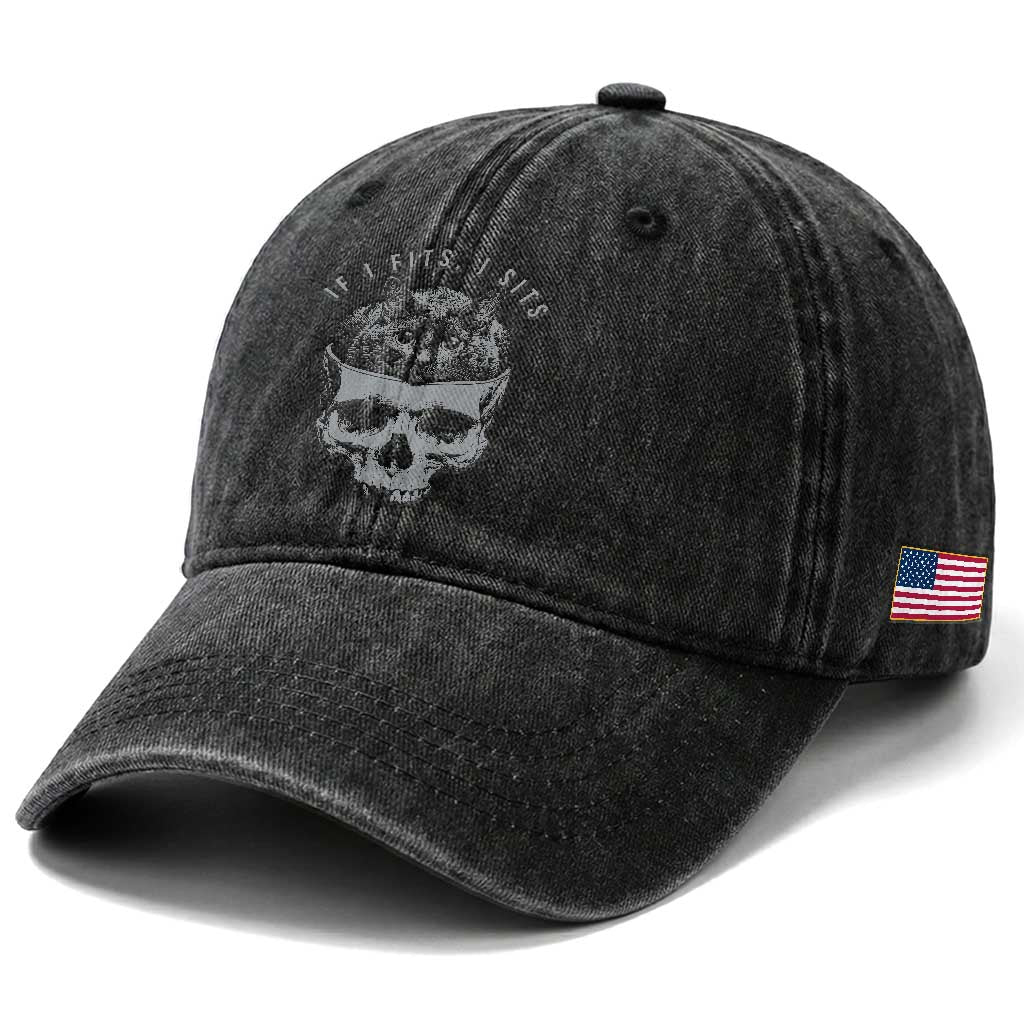 If I Fits I Sits Funny Cat in Skull Washed Cotton Baseball Cap Dark Aesthetic Goth Cat Lover Gift for Macabre and Meme Fans TS02 Print Your Wear