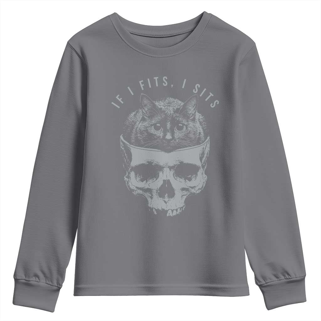 If I Fits I Sits Funny Cat in Skull Youth Sweatshirt Dark Aesthetic Goth Cat Lover Gift for Macabre and Meme Fans TS02 Charcoal Print Your Wear