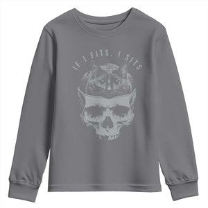 If I Fits I Sits Funny Cat in Skull Youth Sweatshirt Dark Aesthetic Goth Cat Lover Gift for Macabre and Meme Fans TS02 Charcoal Print Your Wear