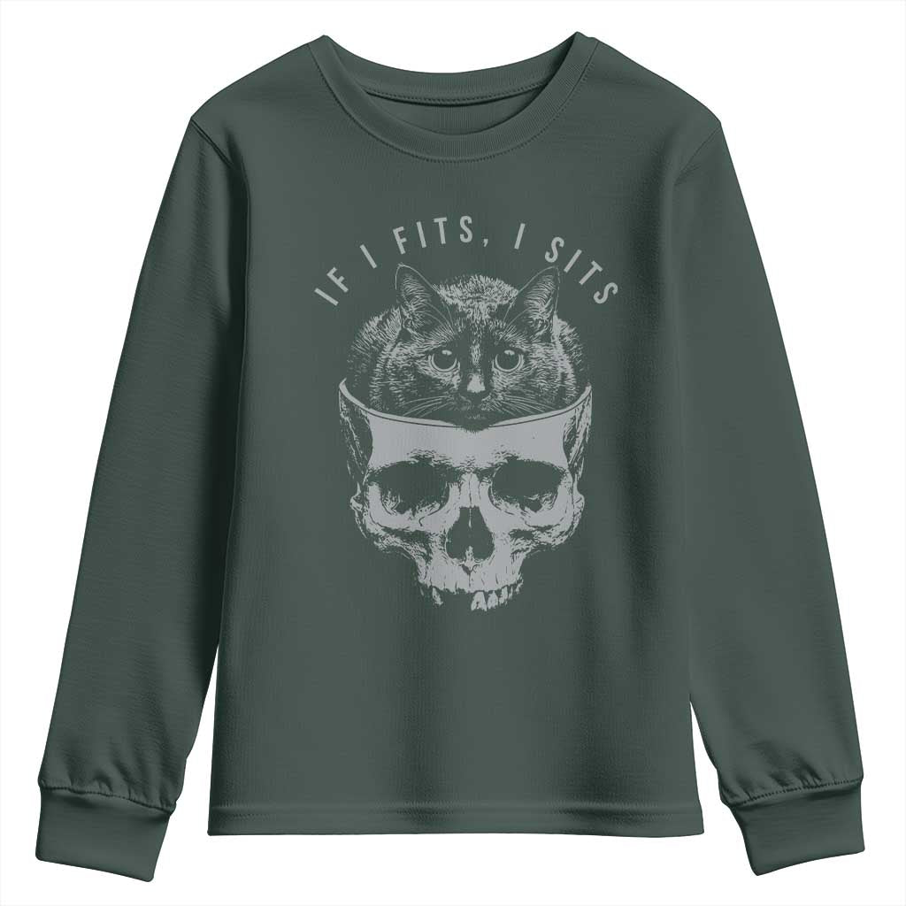 If I Fits I Sits Funny Cat in Skull Youth Sweatshirt Dark Aesthetic Goth Cat Lover Gift for Macabre and Meme Fans TS02 Dark Forest Green Print Your Wear