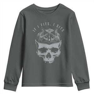 If I Fits I Sits Funny Cat in Skull Youth Sweatshirt Dark Aesthetic Goth Cat Lover Gift for Macabre and Meme Fans TS02 Dark Heather Print Your Wear