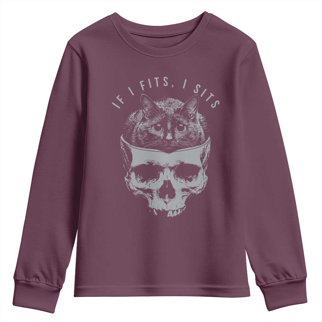 If I Fits I Sits Funny Cat in Skull Youth Sweatshirt Dark Aesthetic Goth Cat Lover Gift for Macabre and Meme Fans TS02 Maroon Print Your Wear
