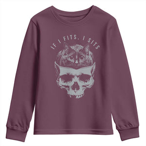 If I Fits I Sits Funny Cat in Skull Youth Sweatshirt Dark Aesthetic Goth Cat Lover Gift for Macabre and Meme Fans TS02 Maroon Print Your Wear