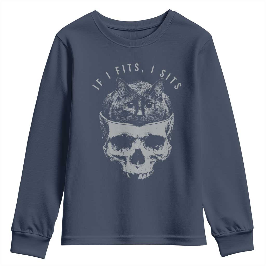 If I Fits I Sits Funny Cat in Skull Youth Sweatshirt Dark Aesthetic Goth Cat Lover Gift for Macabre and Meme Fans TS02 Navy Print Your Wear
