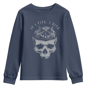 If I Fits I Sits Funny Cat in Skull Youth Sweatshirt Dark Aesthetic Goth Cat Lover Gift for Macabre and Meme Fans TS02 Navy Print Your Wear