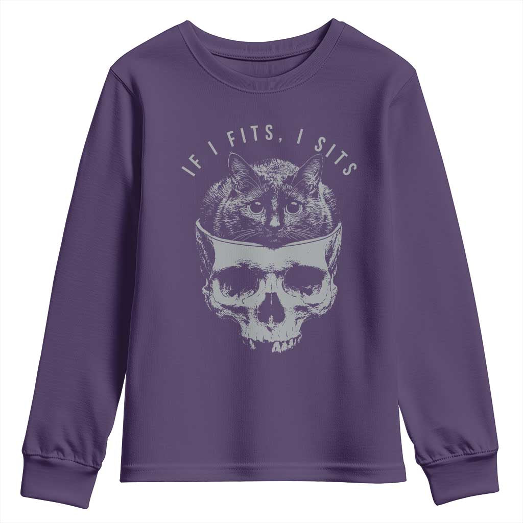 If I Fits I Sits Funny Cat in Skull Youth Sweatshirt Dark Aesthetic Goth Cat Lover Gift for Macabre and Meme Fans TS02 Purple Print Your Wear