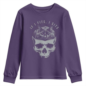 If I Fits I Sits Funny Cat in Skull Youth Sweatshirt Dark Aesthetic Goth Cat Lover Gift for Macabre and Meme Fans TS02 Purple Print Your Wear
