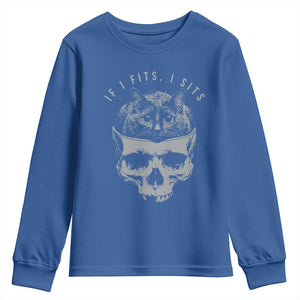 If I Fits I Sits Funny Cat in Skull Youth Sweatshirt Dark Aesthetic Goth Cat Lover Gift for Macabre and Meme Fans TS02 Royal Blue Print Your Wear