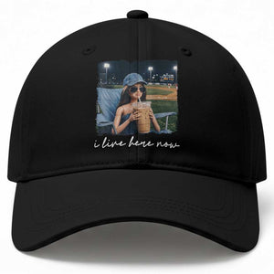 I Live Here Now Funny Doll Face Meme Baseball Lover Baseball Cap Game Day Reaction Sports Fan Gift TS02 Print Your Wear
