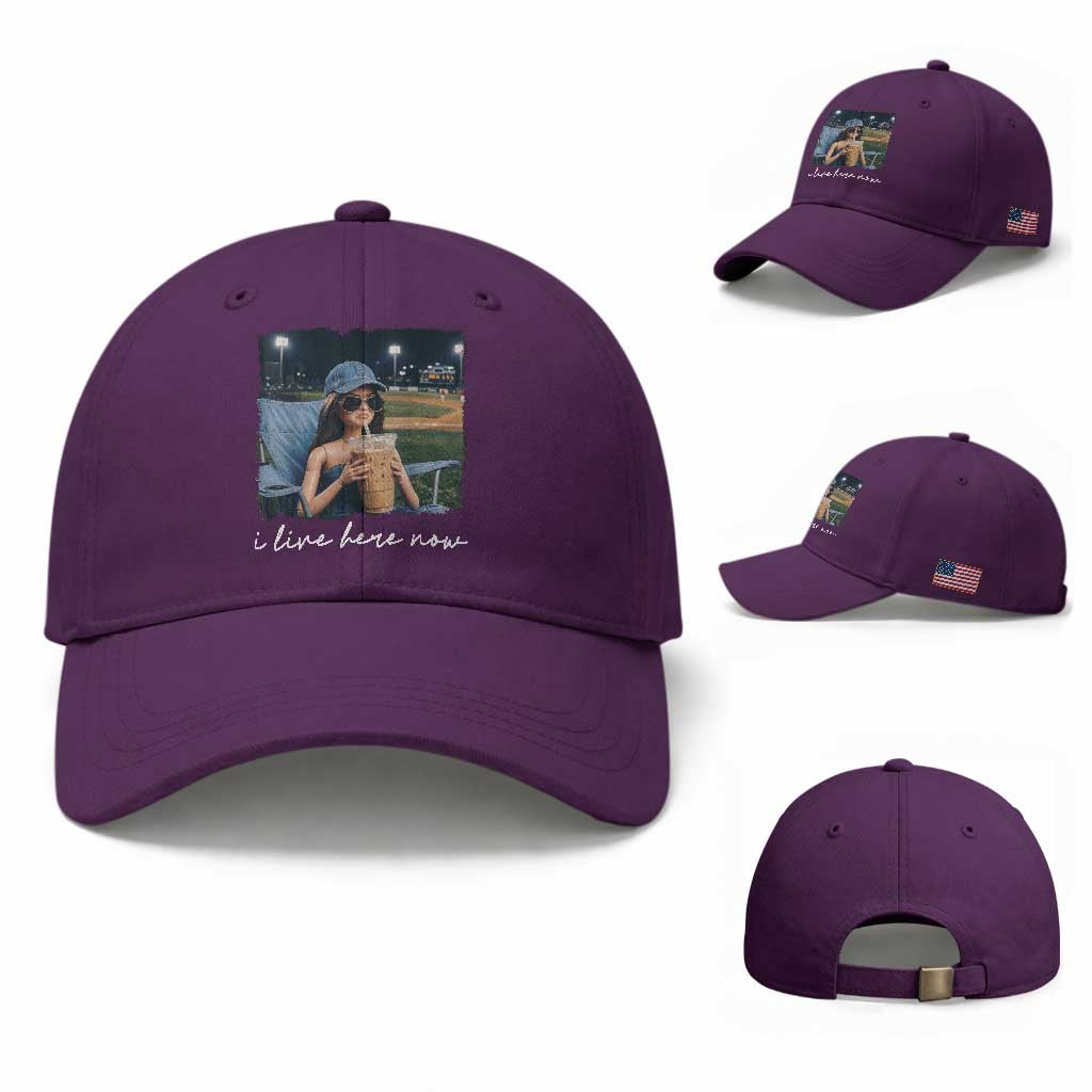 I Live Here Now Funny Doll Face Meme Baseball Lover Baseball Cap Game Day Reaction Sports Fan Gift TS02 Baseball Cap Universal Fit Purple Print Your Wear