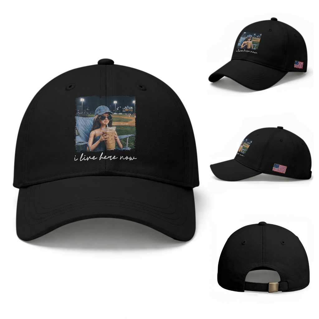 I Live Here Now Funny Doll Face Meme Baseball Lover Baseball Cap Game Day Reaction Sports Fan Gift TS02 Baseball Cap Universal Fit Black Print Your Wear