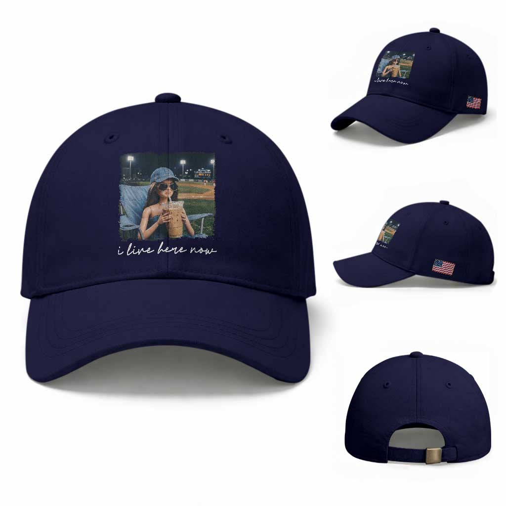 I Live Here Now Funny Doll Face Meme Baseball Lover Baseball Cap Game Day Reaction Sports Fan Gift TS02 Baseball Cap Universal Fit Dark Blue Print Your Wear