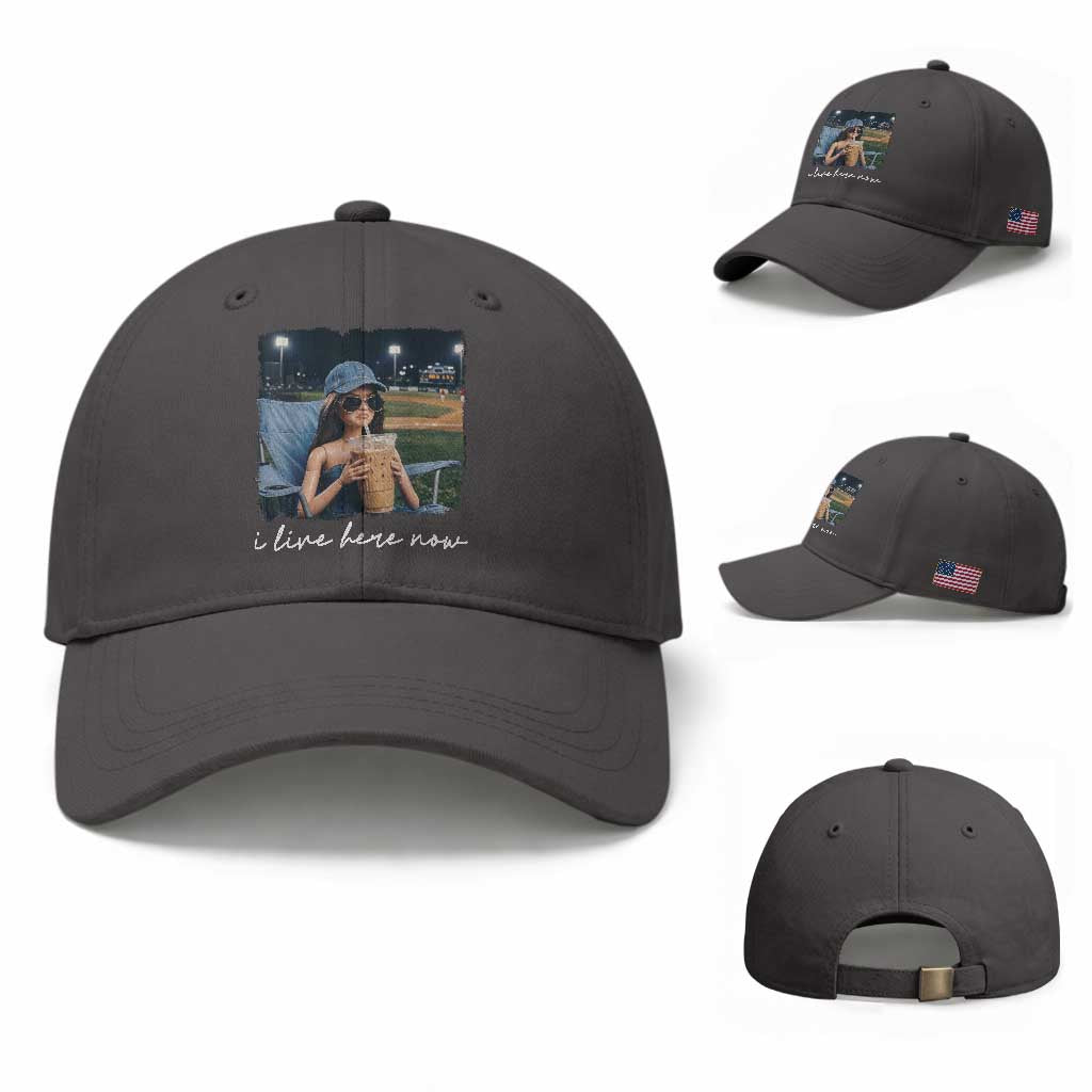 I Live Here Now Funny Doll Face Meme Baseball Lover Baseball Cap Game Day Reaction Sports Fan Gift TS02 Baseball Cap Universal Fit Dark Gray Print Your Wear