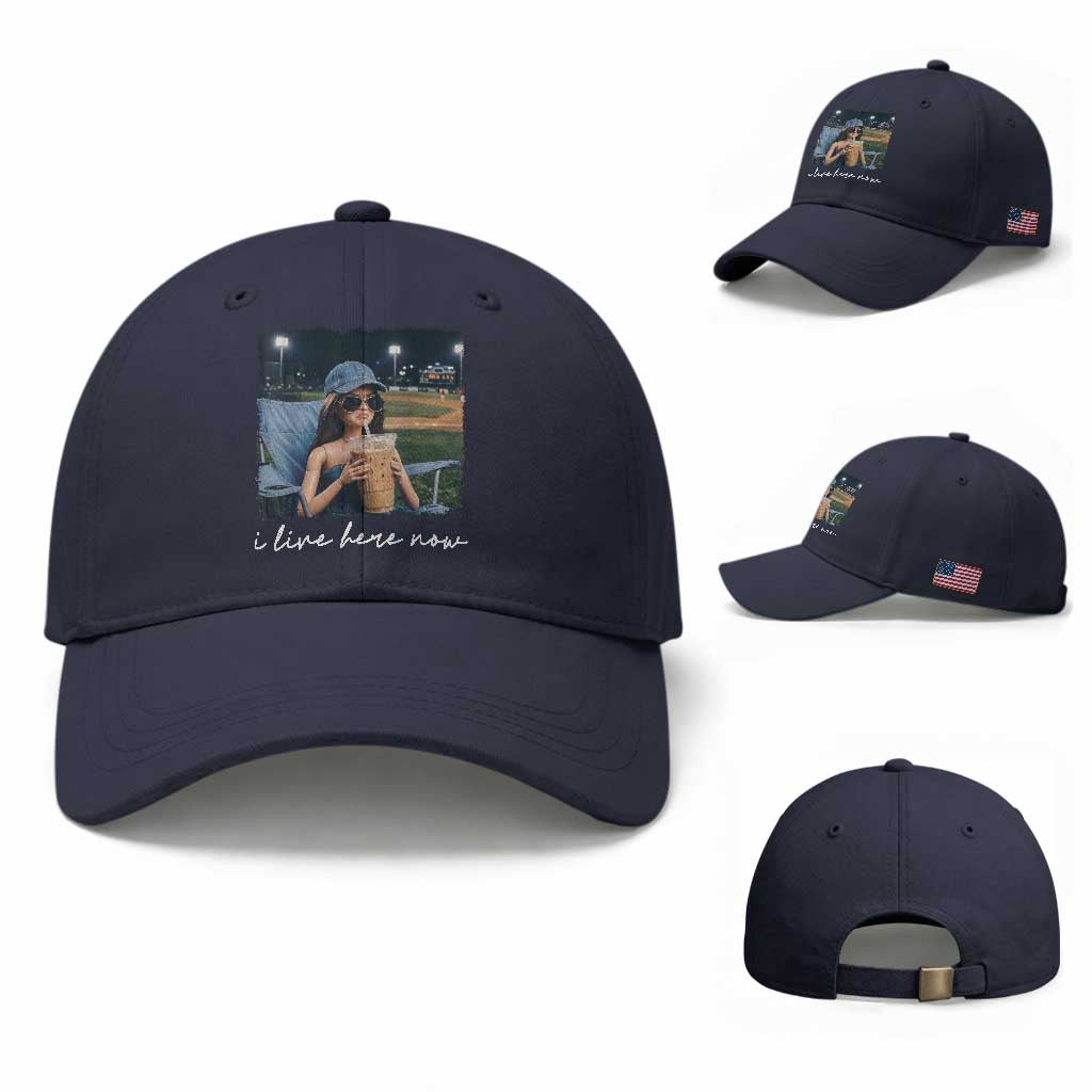 I Live Here Now Funny Doll Face Meme Baseball Lover Baseball Cap Game Day Reaction Sports Fan Gift TS02 Baseball Cap Universal Fit Navy Print Your Wear