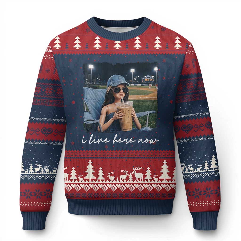 I Live Here Now Funny Doll Face Meme Baseball Lover Ugly Christmas Sweater Game Day Reaction Sports Fan Gift TS02 Navy Red Print Your Wear