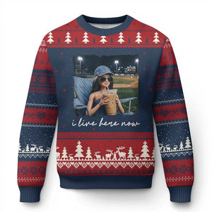 I Live Here Now Funny Doll Face Meme Baseball Lover Ugly Christmas Sweater Game Day Reaction Sports Fan Gift TS02 Navy Red Print Your Wear