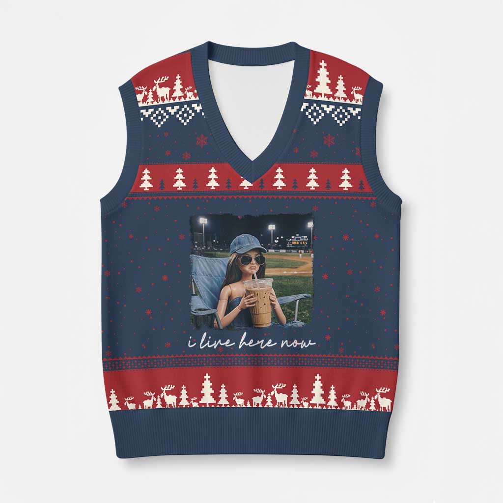 I Live Here Now Funny Doll Face Meme Baseball Lover V-Neck Knit Sweater Vest Game Day Reaction Sports Fan Gift TS02 Navy Red Print Your Wear