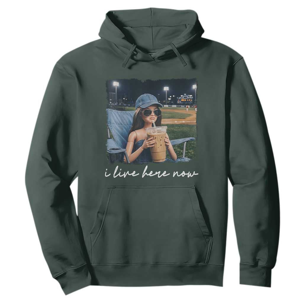 I Live Here Now Funny Doll Face Meme Baseball Lover Hoodie Game Day Reaction Sports Fan Gift TS02 Dark Forest Green Print Your Wear