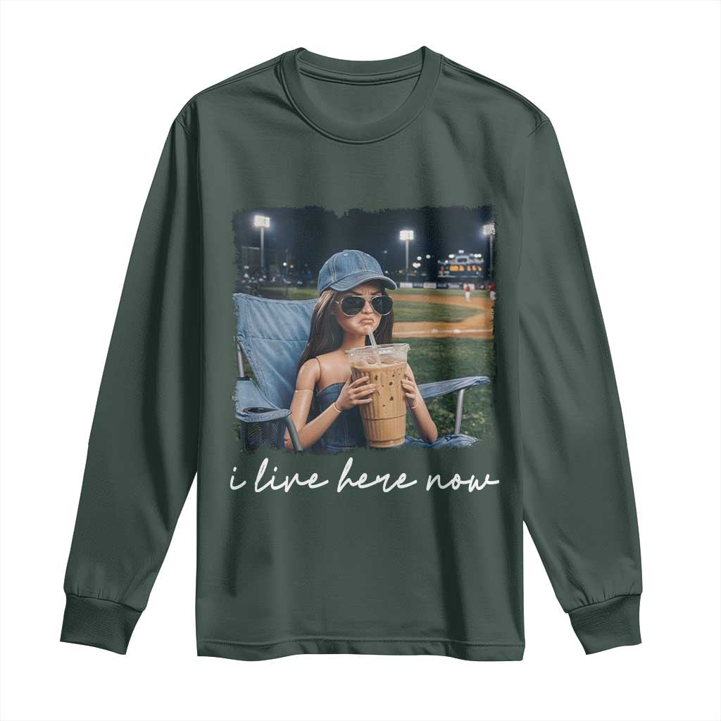 I Live Here Now Funny Doll Face Meme Baseball Lover Long Sleeve Shirt Game Day Reaction Sports Fan Gift TS02 Dark Forest Green Print Your Wear