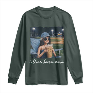 I Live Here Now Funny Doll Face Meme Baseball Lover Long Sleeve Shirt Game Day Reaction Sports Fan Gift TS02 Dark Forest Green Print Your Wear