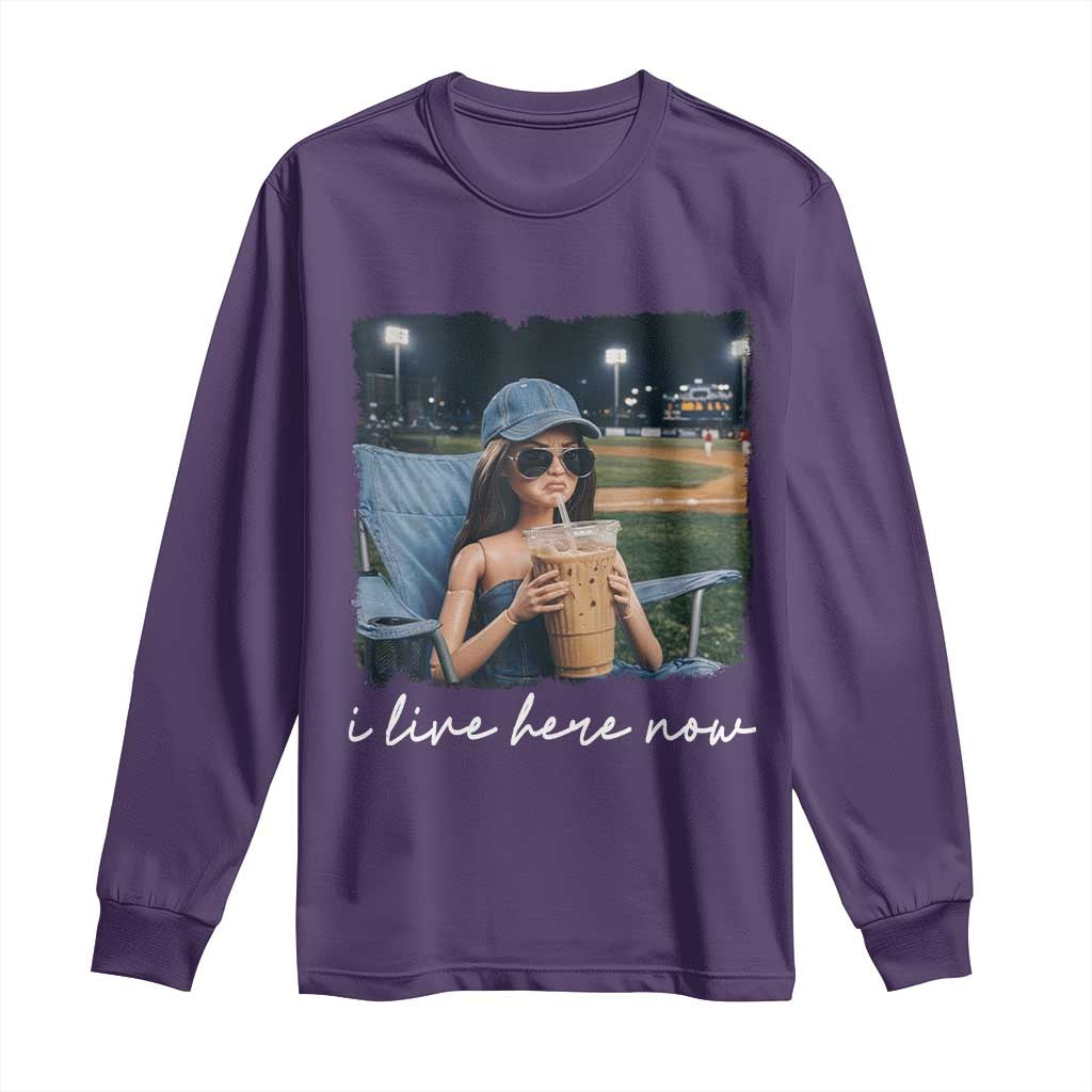 I Live Here Now Funny Doll Face Meme Baseball Lover Long Sleeve Shirt Game Day Reaction Sports Fan Gift TS02 Purple Print Your Wear