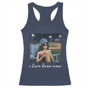 I Live Here Now Funny Doll Face Meme Baseball Lover Racerback Tank Top Game Day Reaction Sports Fan Gift TS02 Navy Print Your Wear