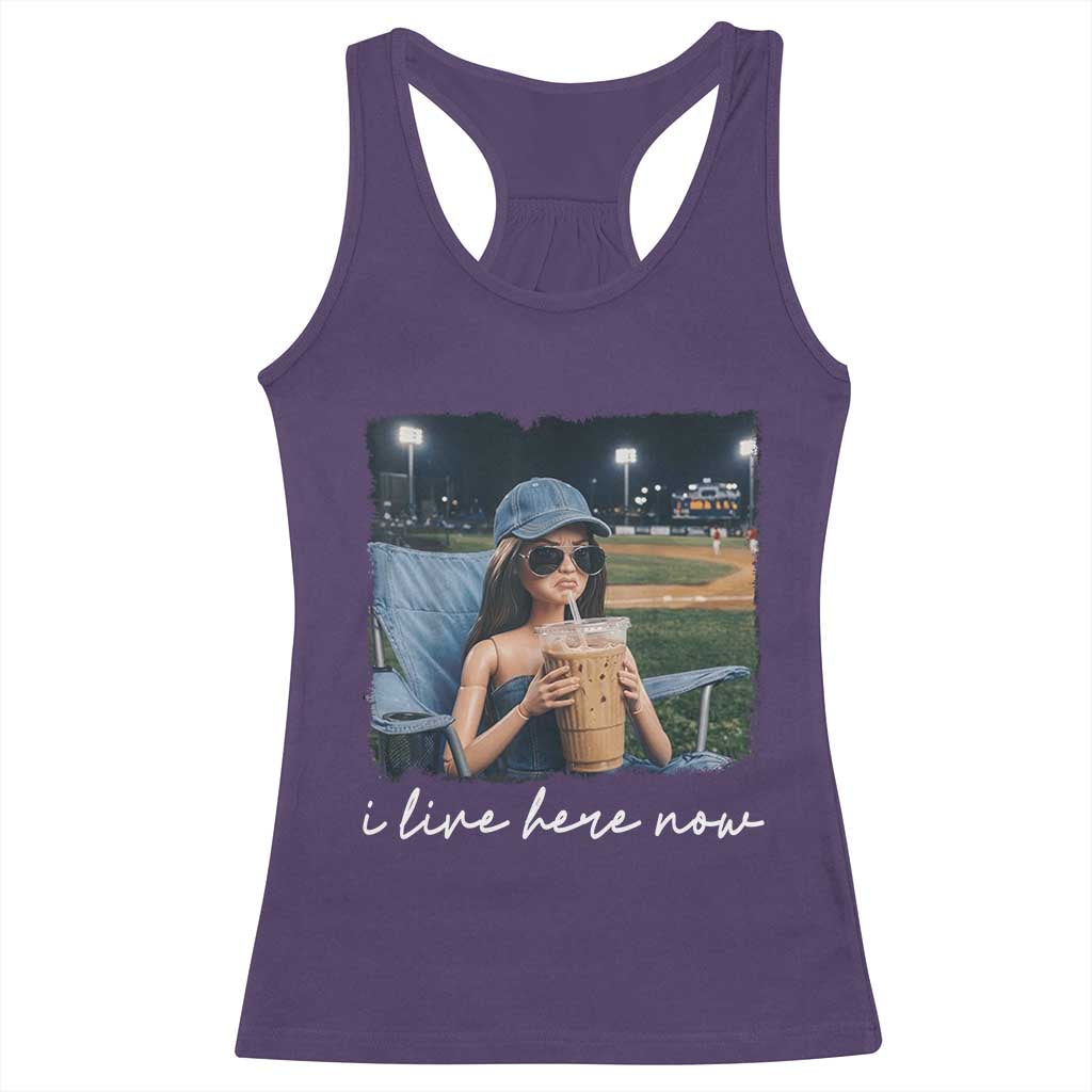 I Live Here Now Funny Doll Face Meme Baseball Lover Racerback Tank Top Game Day Reaction Sports Fan Gift TS02 Purple Print Your Wear