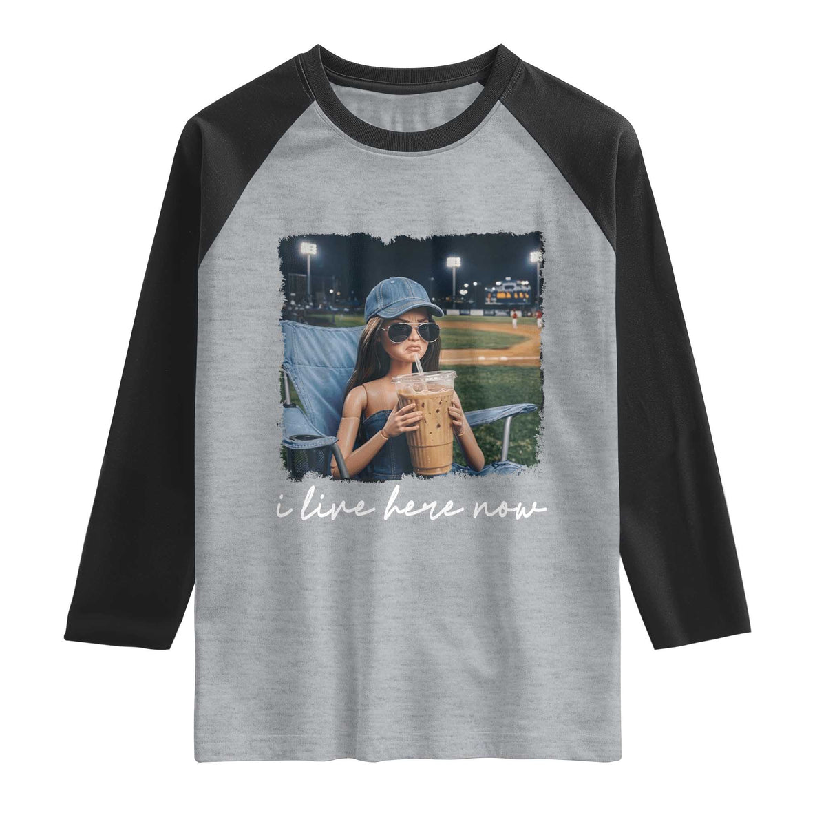 I Live Here Now Funny Doll Face Meme Baseball Lover Raglan Shirt Game Day Reaction Sports Fan Gift TS02 Heather Gray Black Print Your Wear