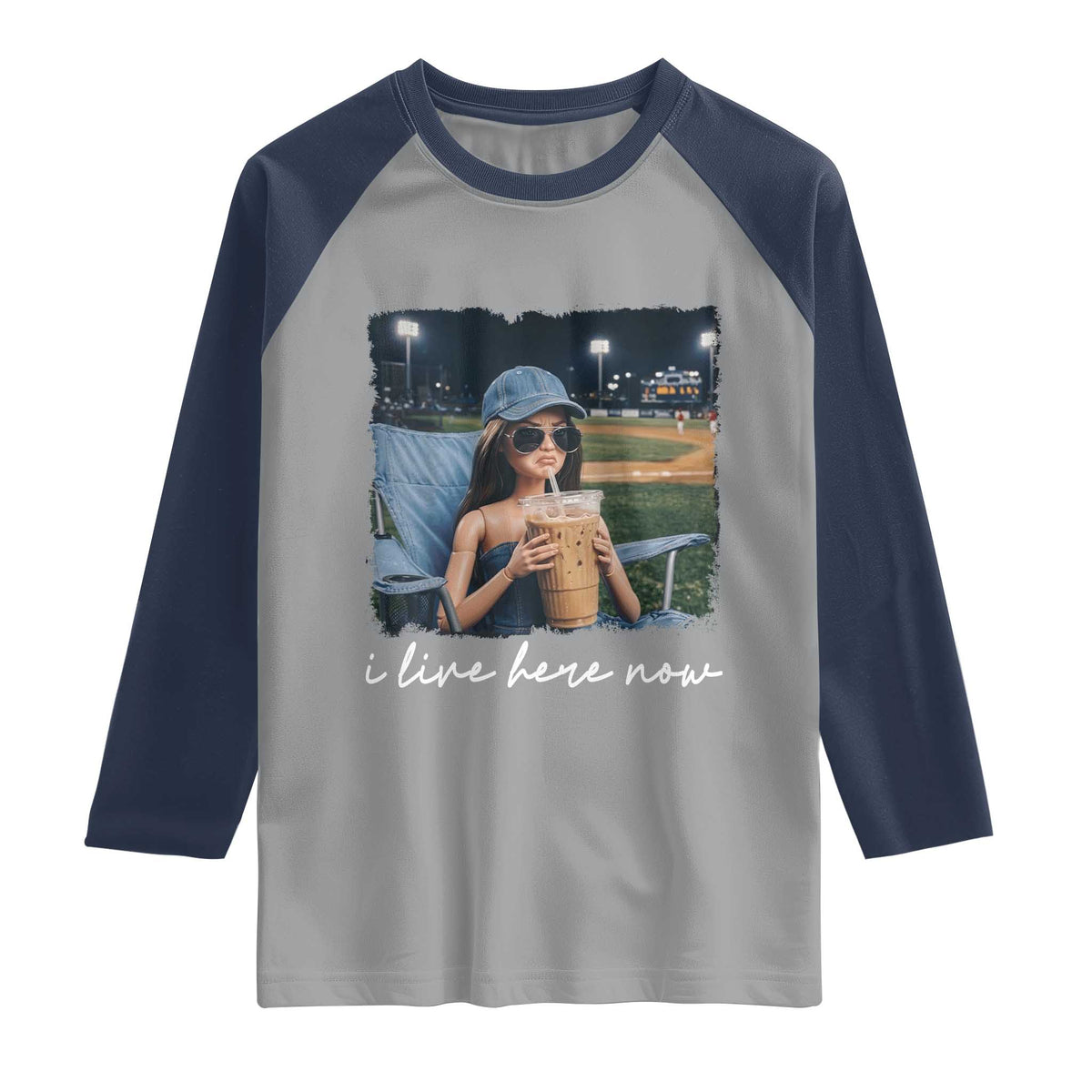 I Live Here Now Funny Doll Face Meme Baseball Lover Raglan Shirt Game Day Reaction Sports Fan Gift TS02 Sport Gray Navy Print Your Wear