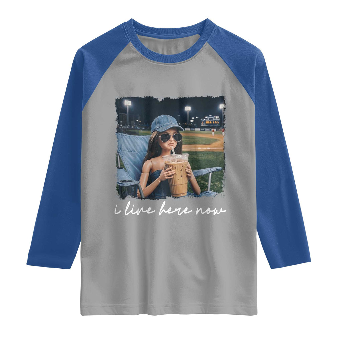 I Live Here Now Funny Doll Face Meme Baseball Lover Raglan Shirt Game Day Reaction Sports Fan Gift TS02 Sport Gray Royal Print Your Wear