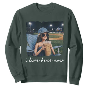 I Live Here Now Funny Doll Face Meme Baseball Lover Sweatshirt Game Day Reaction Sports Fan Gift TS02 Dark Forest Green Print Your Wear