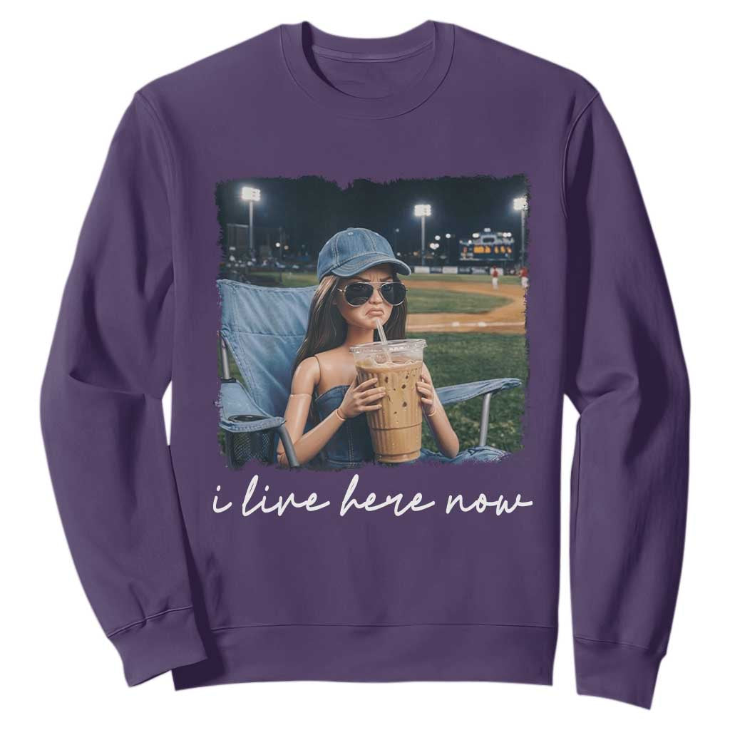I Live Here Now Funny Doll Face Meme Baseball Lover Sweatshirt Game Day Reaction Sports Fan Gift TS02 Purple Print Your Wear